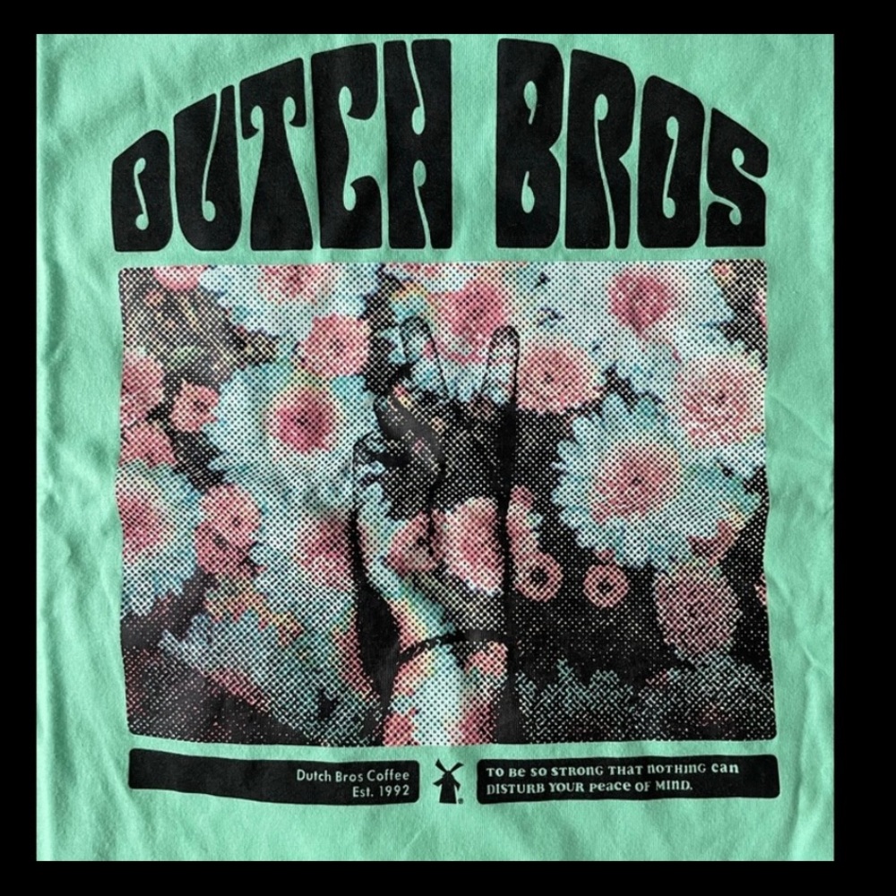 Dutch Bros t-shirt mens XL mint green Peace! in plastic.